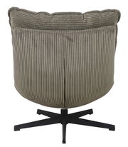 Rückansicht eines Relaxsessels JOSHUA mit geripptem Stoffbezug und schwarzem Drehfuß.