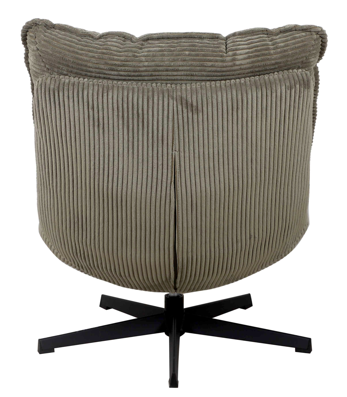 Rückansicht eines Relaxsessels JOSHUA mit geripptem Stoffbezug und schwarzem Drehfuß.