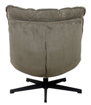 Rückansicht eines Relaxsessels JOSHUA mit geripptem Stoffbezug und schwarzem Drehfuß.