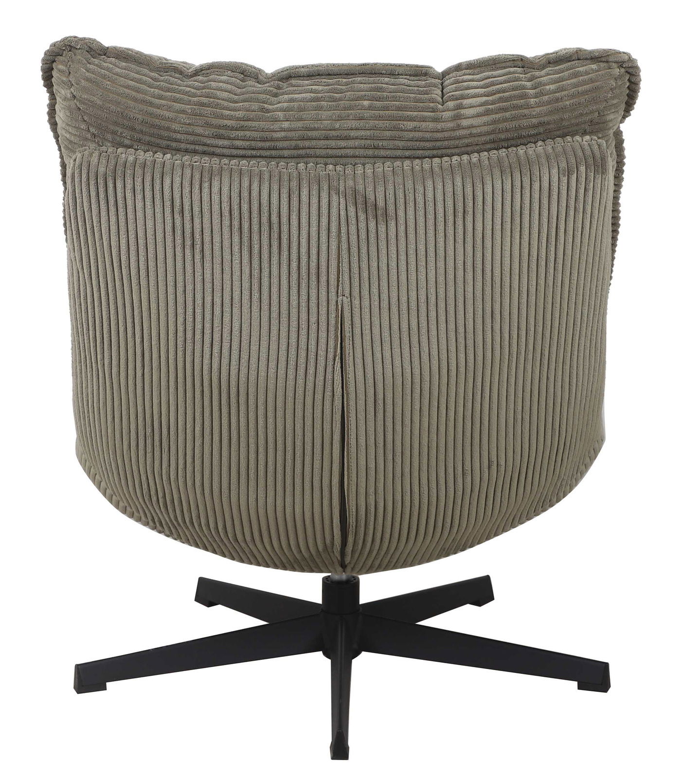 Rückansicht eines Relaxsessels JOSHUA mit geripptem Stoffbezug und schwarzem Drehfuß.