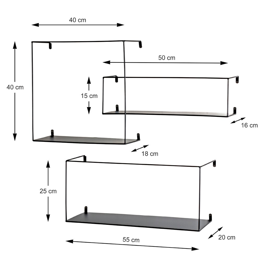 Schwarze Metall-Wandregale im 3er-Set mit Maßangaben (ca. 40×40×18 cm, 50×15×16 cm, 55×25×20 cm), freigestellt auf weißem Hintergrund, Ansicht schräg von vorn.