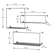 Schwarze Metall-Wandregale im 3er-Set mit Maßangaben (ca. 40×40×18 cm, 50×15×16 cm, 55×25×20 cm), freigestellt auf weißem Hintergrund, Ansicht schräg von vorn.