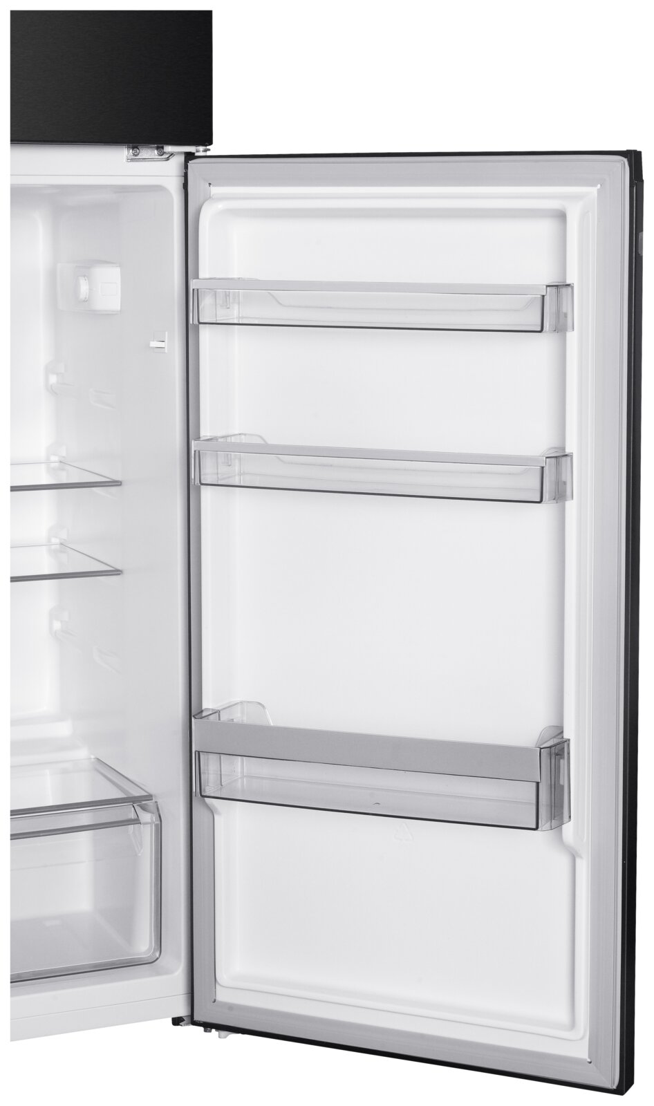 Offener Kühlschrank mit weißem Innenraum und drei transparenten Türfächern, frontale Innenansicht der geöffneten Tür