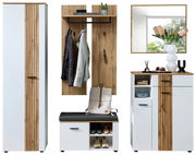Garderoben-Set SPARKS, 5-teilig, bestehend aus einem hohen Schrank, einer Wandgarderobe mit Haken und Ablage, einer Sitzbank mit Stauraum, einem Spiegel und einem Schrank mit offenen Fächern und Schubladen, in moderner Holz- und Weißoptik, frontal abgebil