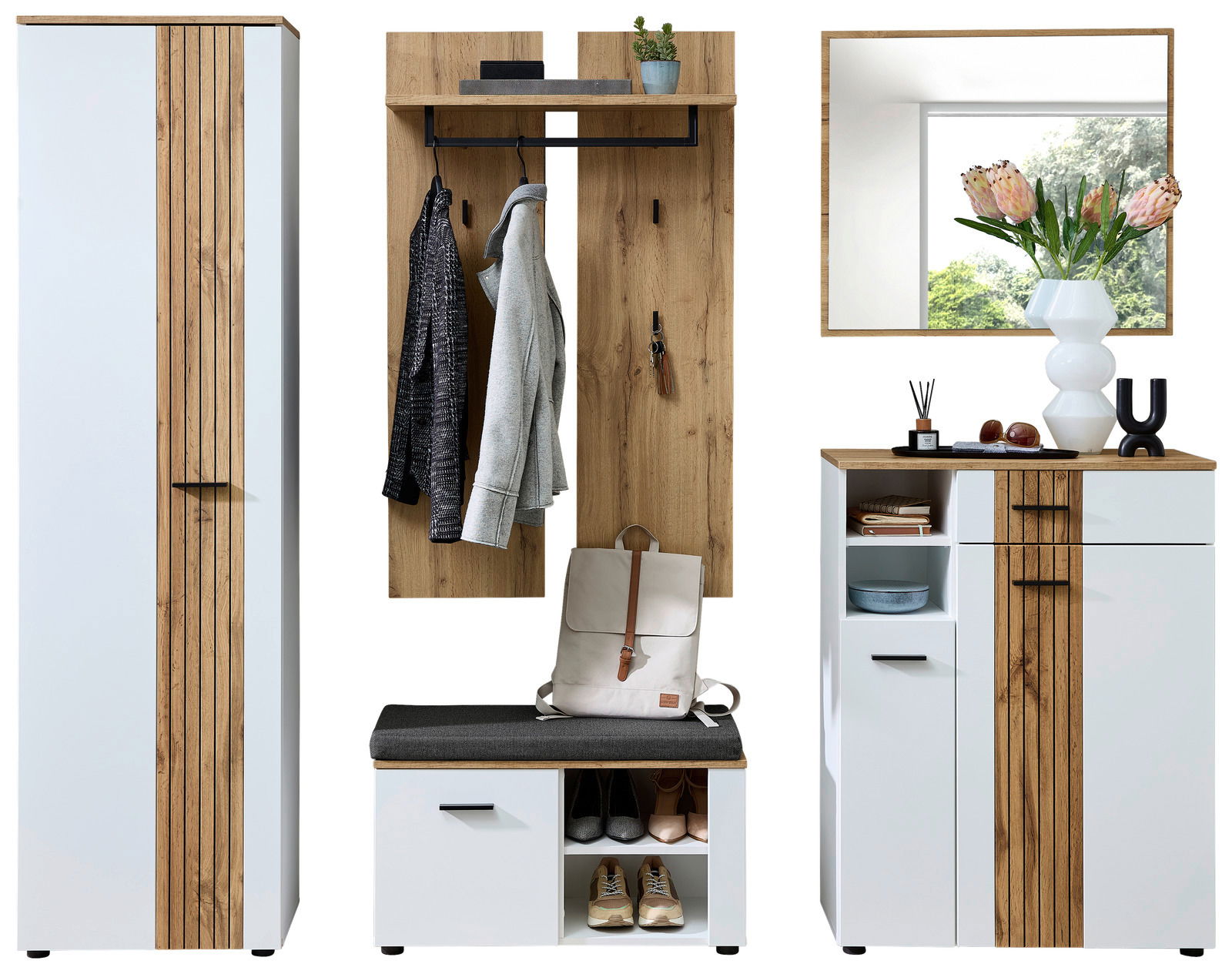 Garderoben-Set SPARKS, 5-teilig, bestehend aus einem hohen Schrank, einer Wandgarderobe mit Haken und Ablage, einer Sitzbank mit Stauraum, einem Spiegel und einem Schrank mit offenen Fächern und Schubladen, in moderner Holz- und Weißoptik, frontal abgebil
