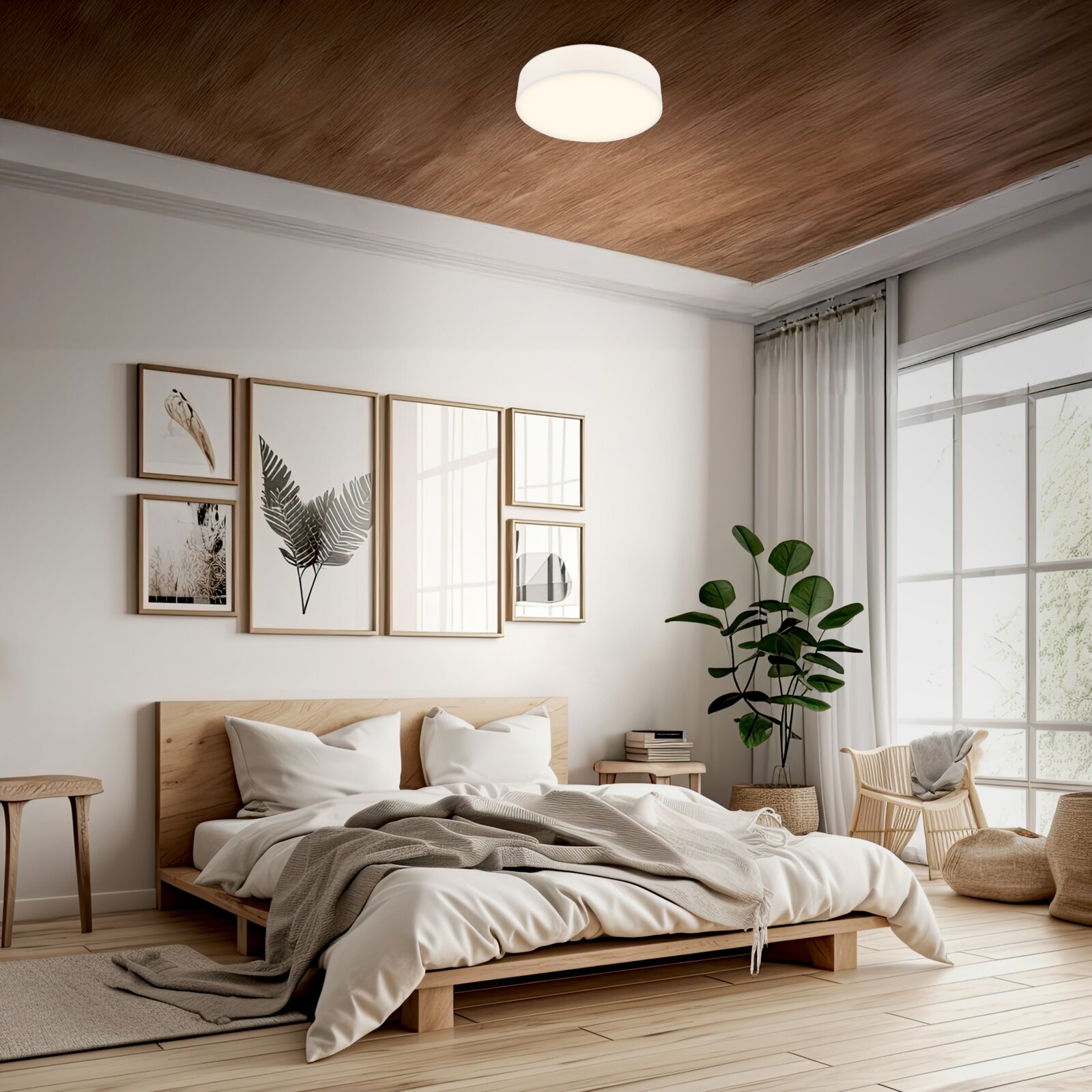 Moderne runde LED-Deckenleuchte in Weiß an Holzdecke in hellem Schlafzimmer, perspektivisch von unten in der Raumecke aufgenommen