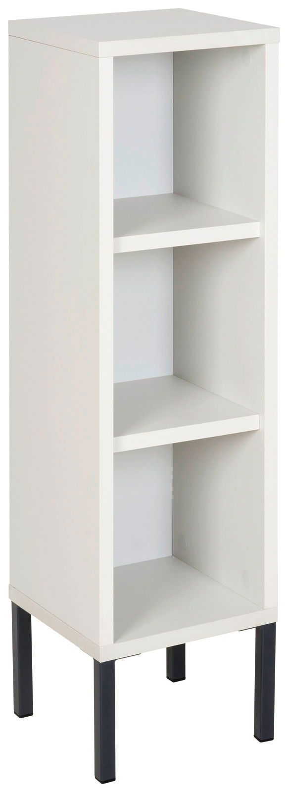 Weißes Unterstellregal mit drei offenen Fächern, frontal leicht von der Seite betrachtet, auf schwarzen Beinen stehend.