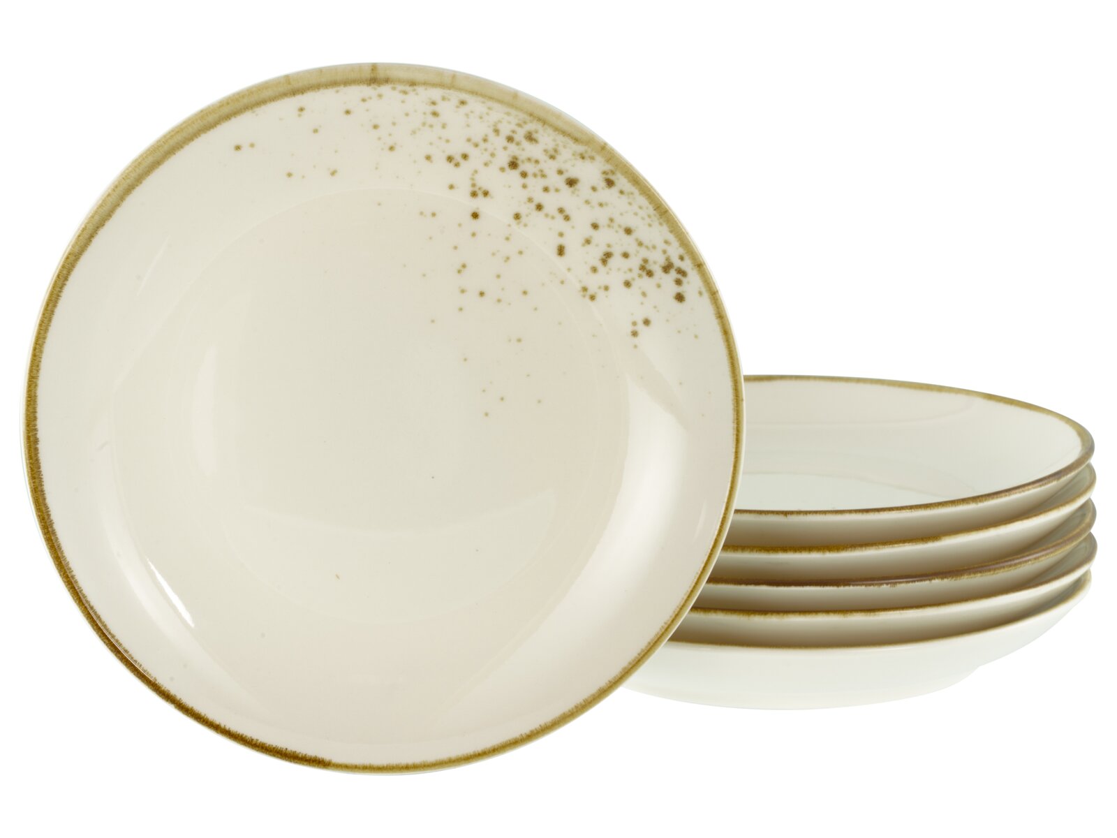 Beiger Keramik-Speiseteller mit braunem Rand und feiner Sprenkelglasur, ein Teller frontal von oben gezeigt, dahinter ein Stapel weiterer Teller in seitlicher Ansicht auf weißem Hintergrund.