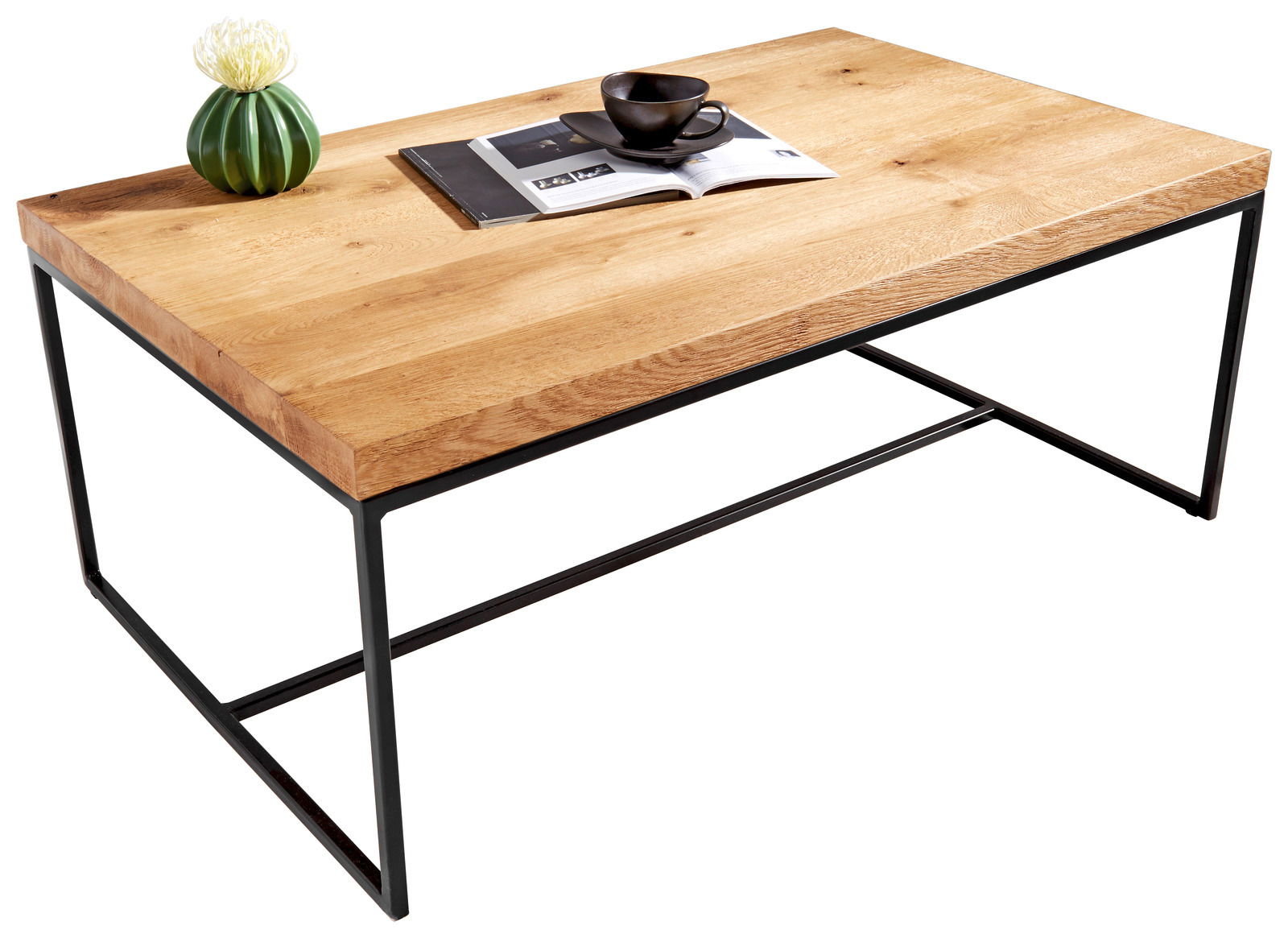 Moderner Couchtisch mit Holzplatte und schwarzem Metallgestell, seitliche Perspektive