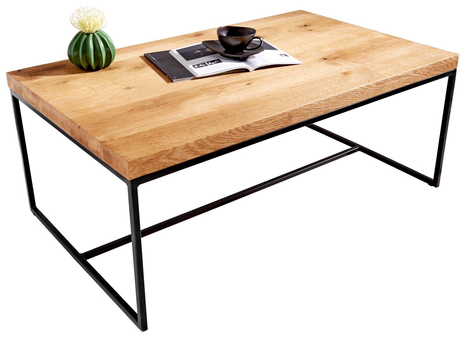 Moderner Couchtisch mit Holzplatte und schwarzem Metallgestell, seitliche Perspektive