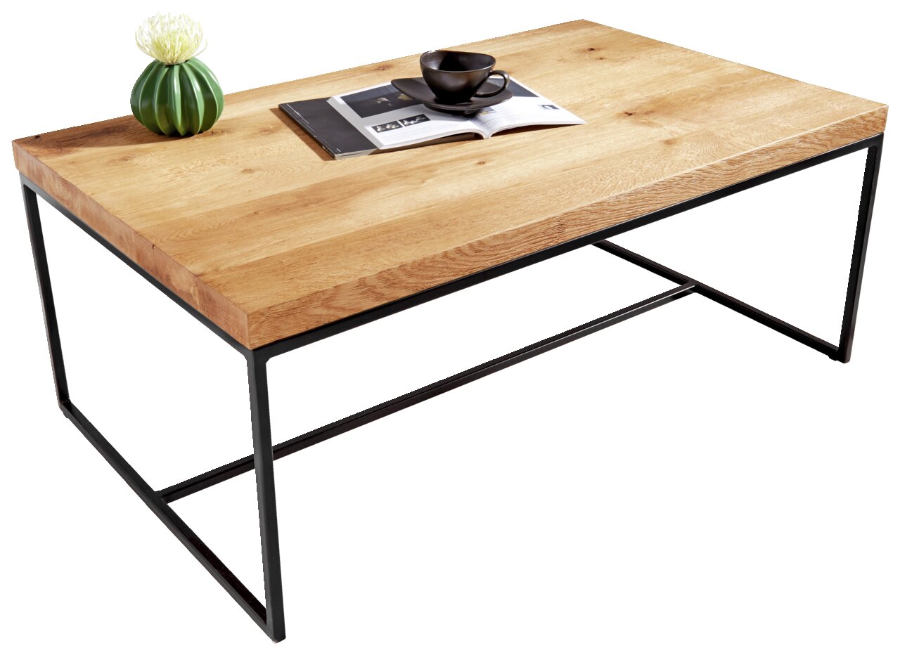 Moderner Couchtisch mit Holzplatte und schwarzem Metallgestell, seitliche Perspektive