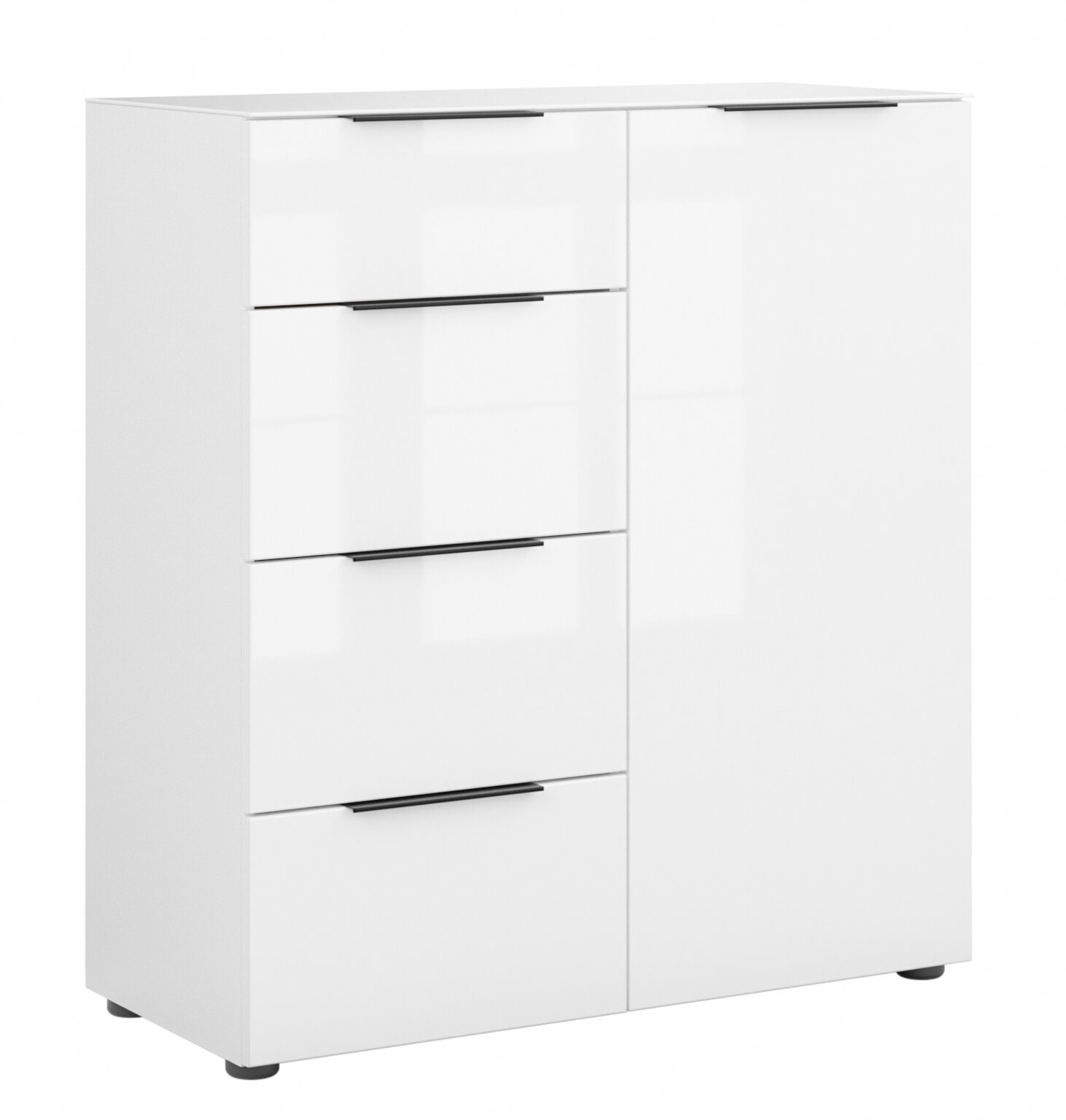 Novel Kommode STYLE Weiße Kommode mit vier Schubladen und einer Tür, frontal betrachtet