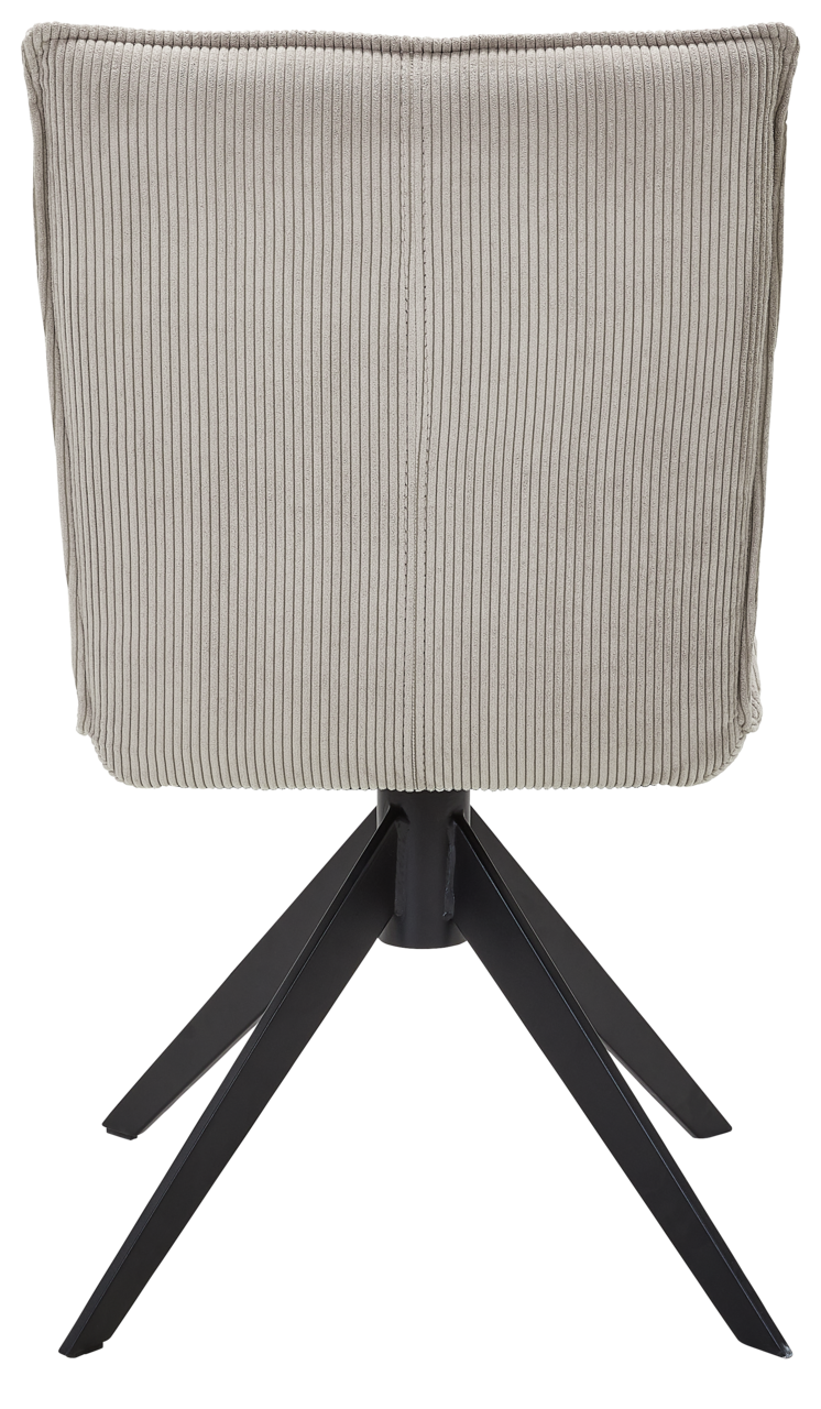 Johann Jakob Stuhl CALAS Rückansicht eines Stuhls mit geripptem Stoffbezug und schwarzem Metallgestell.