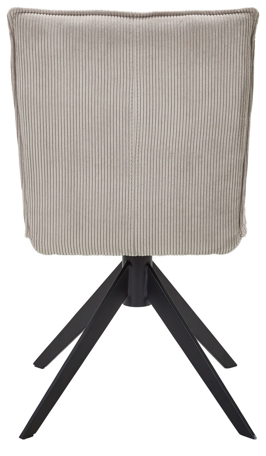 Rückansicht eines Stuhls mit geripptem Stoffbezug und schwarzem Metallgestell.
