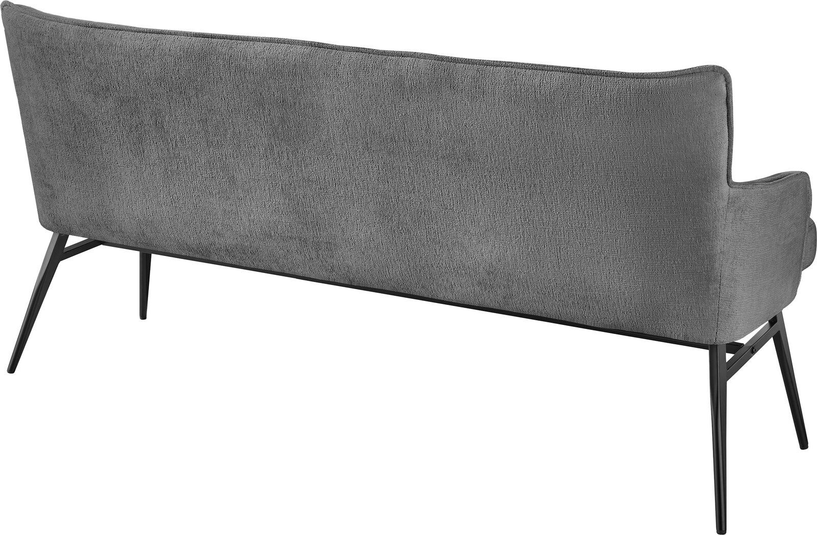 Rückansicht einer grauen Bank mit schlanken, schwarzen Metallbeinen.