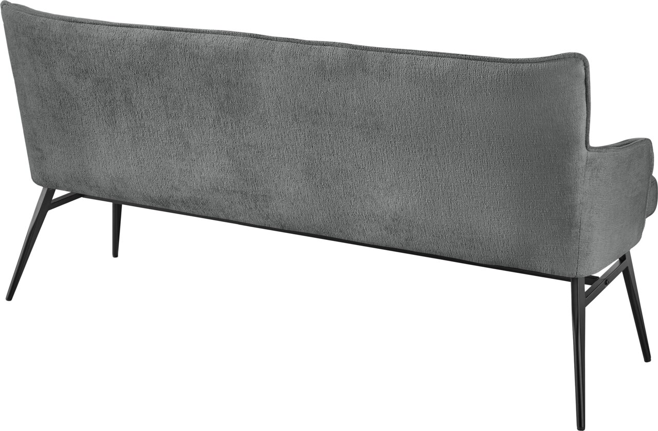 Rückansicht einer grauen Bank mit schlanken, schwarzen Metallbeinen.