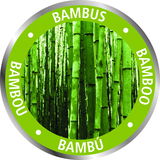 Nahaufnahme von Bambusrohren in einem grünen Kreis mit der Aufschrift 'Bambus' in verschiedenen Sprachen.