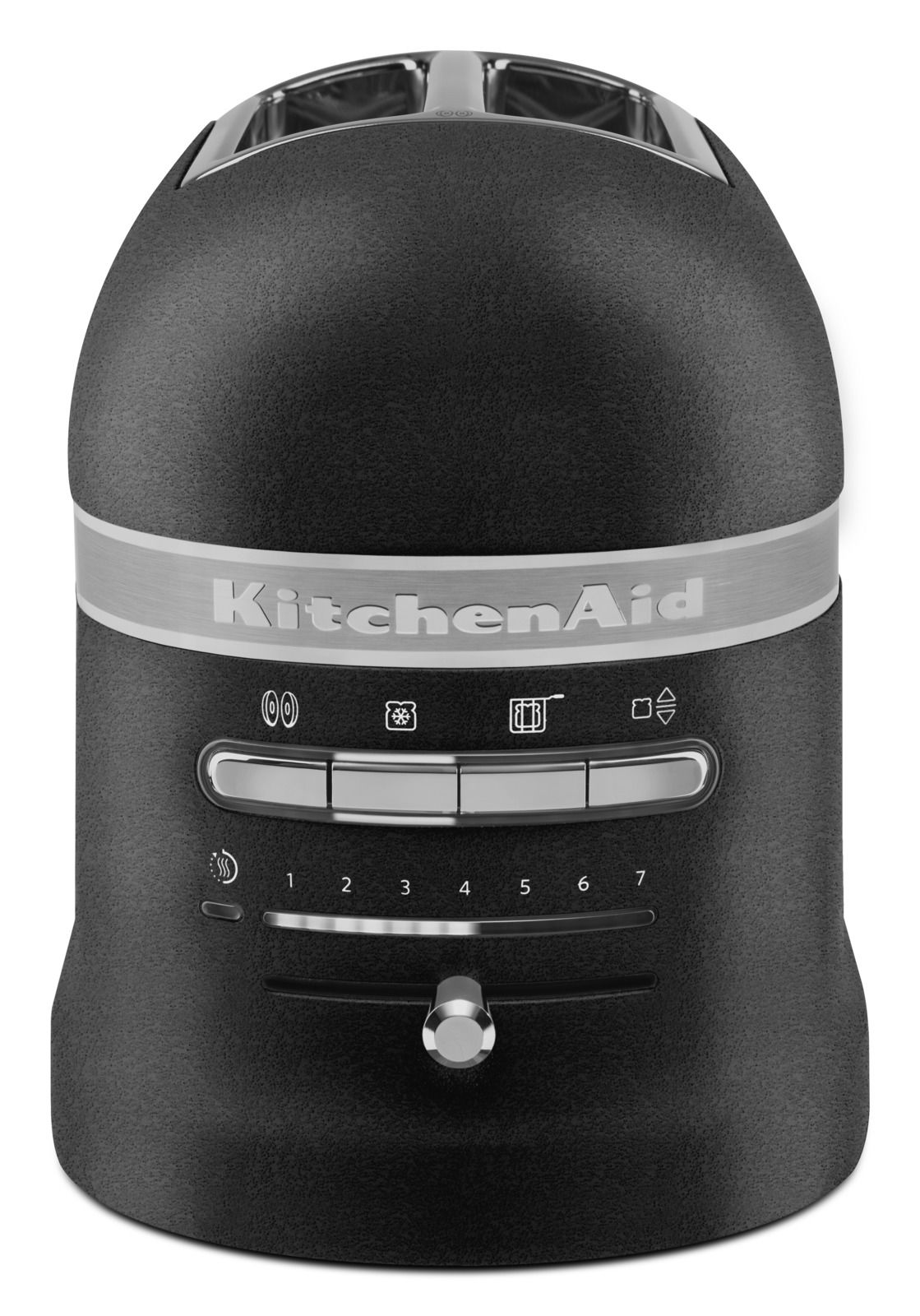 Schwarzer 2-Schlitz-Toaster aus Guss mit Bedienelementen und Markenlogo, Vorderansicht.