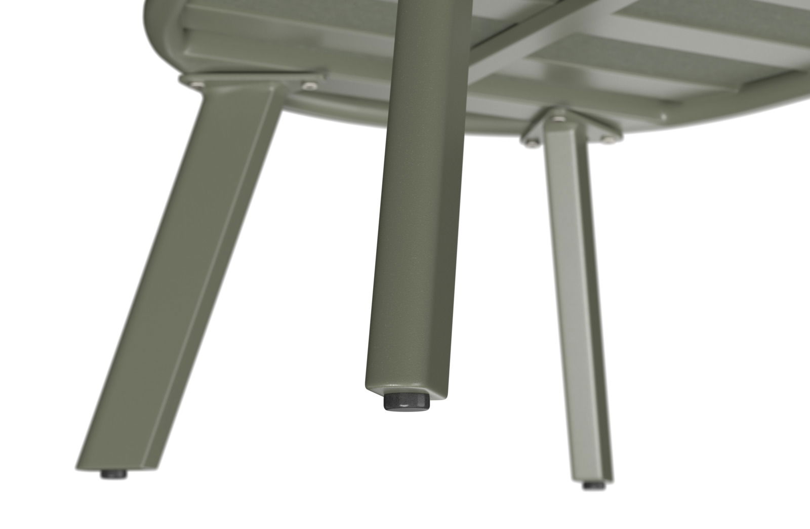 Unteransicht eines Loungesessels mit vier stabilen Metallbeinen in grauer Farbe.