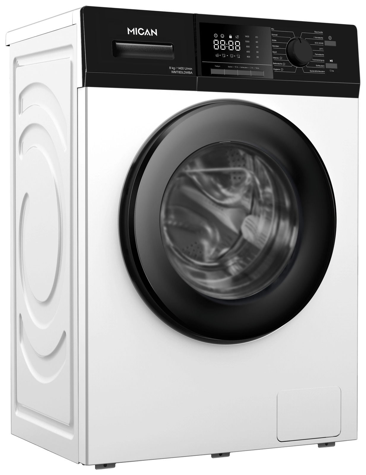 Mican Stand-Waschmaschine WMT8DLDWBA Frontansicht einer modernen Stand-Waschmaschine mit digitalem Display und schwarzer Tür.