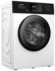 Frontansicht einer modernen Stand-Waschmaschine mit digitalem Display und schwarzer Tür.