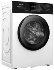 Frontansicht einer modernen Stand-Waschmaschine mit digitalem Display und schwarzer Tür.