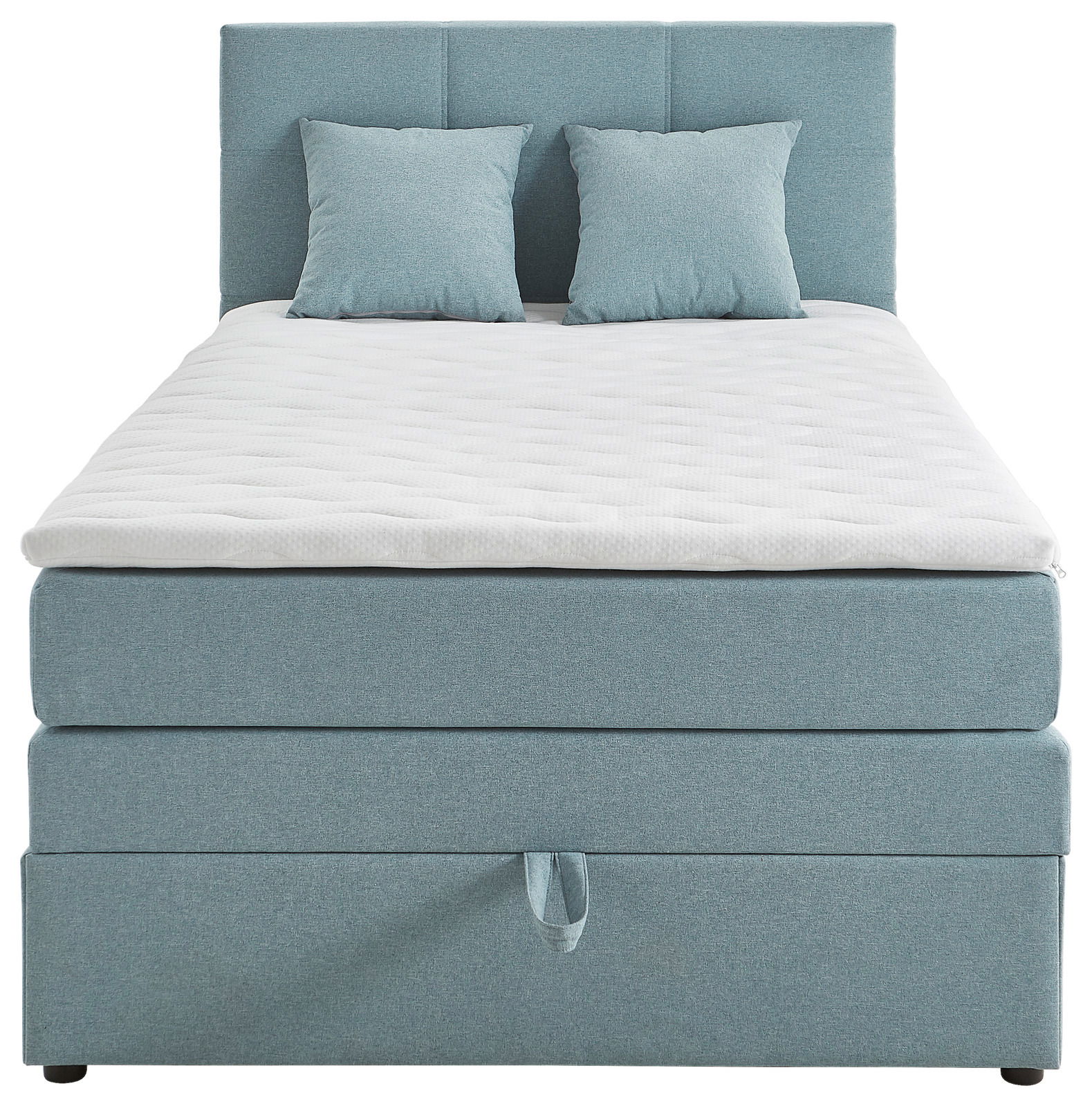 Boxspringbett in hellblauem Stoff mit zwei passenden Kissen, Frontalansicht
