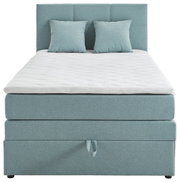 Boxspringbett in hellblauem Stoff mit zwei passenden Kissen, Frontalansicht