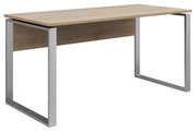Moderner Schreibtisch mit Holzplatte und Metallrahmen, seitliche Perspektive