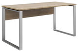 Moderner Schreibtisch mit Holzplatte und Metallrahmen, seitliche Perspektive