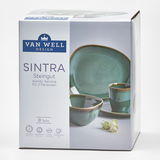 Kombiservice Sintra grün 8-tlg. aus Steingut, bestehend aus Tellern, Schalen und Kaffeebechern, präsentiert in einer Verpackung mit seitlicher Perspektive.