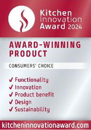 Auszeichnung für ein preisgekröntes Produkt mit Fokus auf Funktionalität, Innovation, Produktvorteil, Design und Nachhaltigkeit. Vorderansicht des Awards.