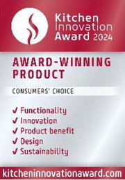 Onderscheiding voor een bekroond product met de nadruk op functionaliteit, innovatie, productvoordelen, design en duurzaamheid. Vooraanzicht van de award.