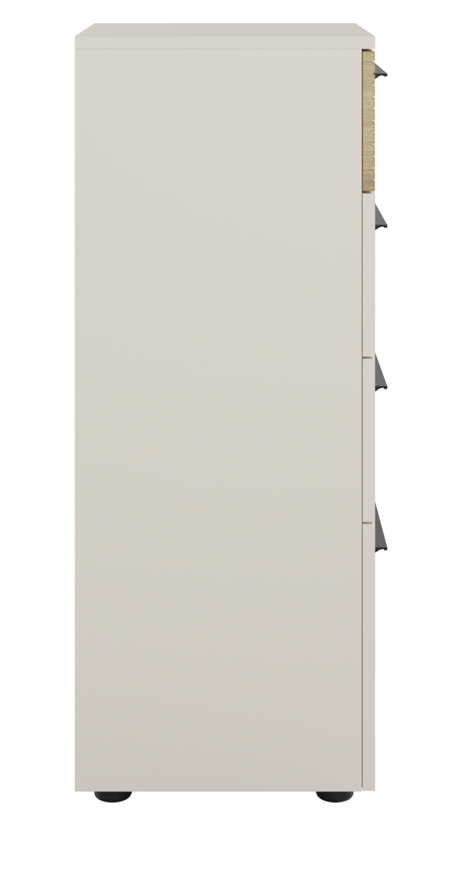 Seitenansicht eines weißen Aktenschranks mit Schubladen