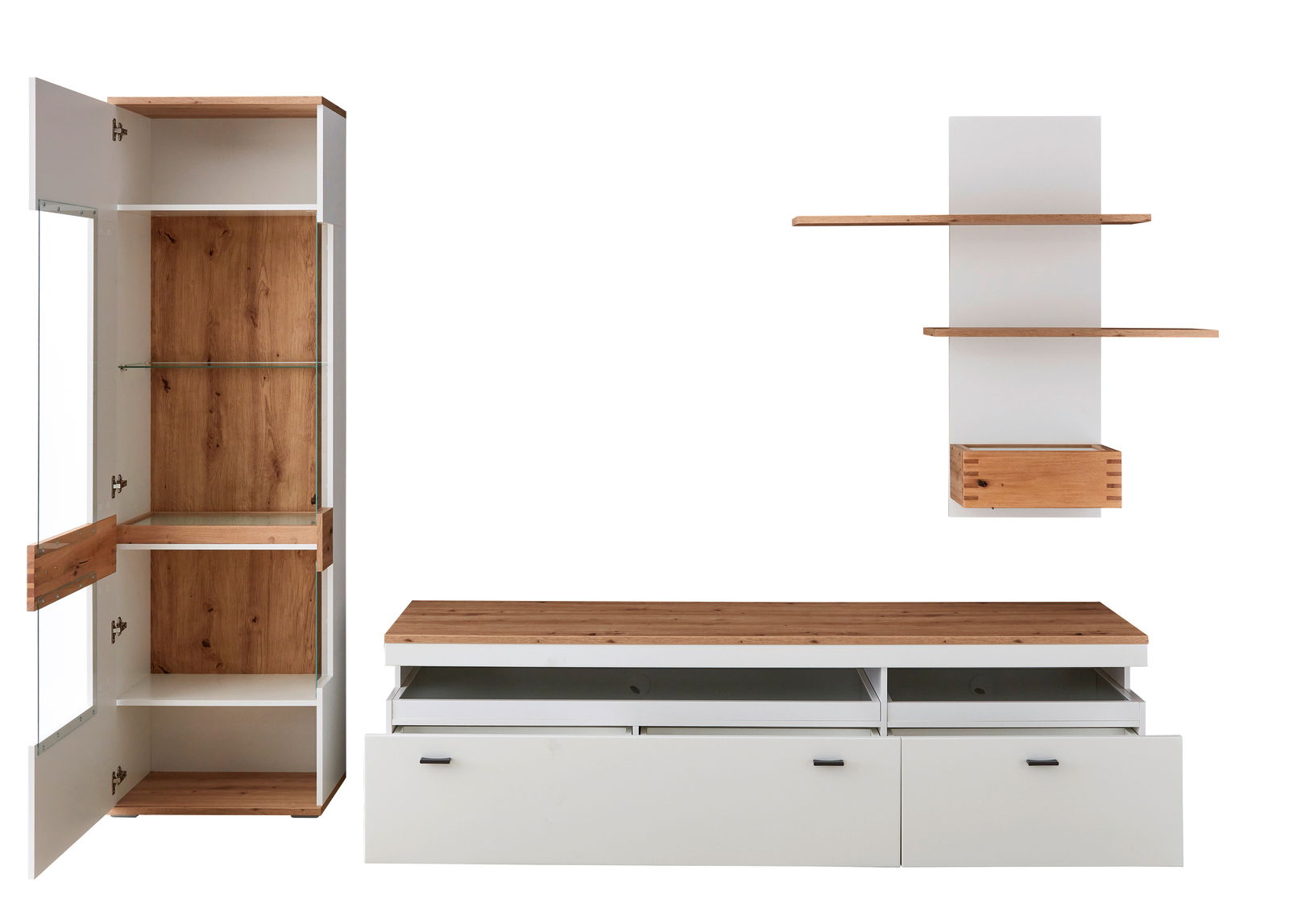 Wandkombination in modernem Design mit Holz- und Weißtönen, bestehend aus einem hohen Schrank mit Glastüren, einem niedrigen TV-Schrank mit Schubladen und einem Wandregal mit zwei Ablagen. Frontalansicht.