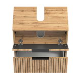 Waschbeckenunterschrank aus Holz in Vogelperspektive mit geöffneter Klappe und Schublade