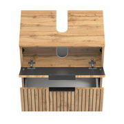 Waschbeckenunterschrank aus Holz in Vogelperspektive mit geöffneter Klappe und Schublade