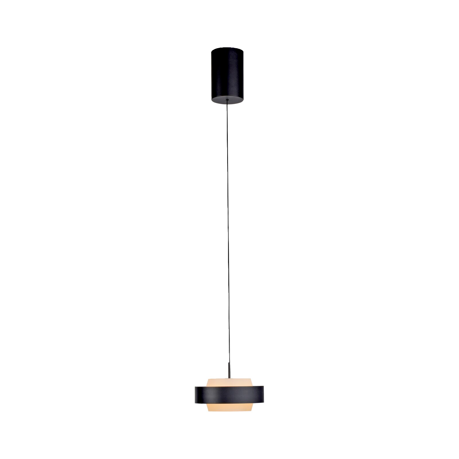Schwarze, minimalistische Pendelleuchte mit zylindrischem Baldachin und rundem Lampenschirm mit warmem Diffusor, freigestellt auf weißem Hintergrund, Frontalansicht