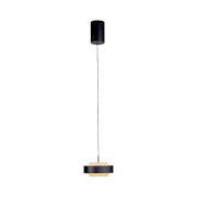 Schwarze, minimalistische Pendelleuchte mit zylindrischem Baldachin und rundem Lampenschirm mit warmem Diffusor, freigestellt auf weißem Hintergrund, Frontalansicht