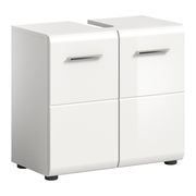 Weißer Waschbeckenunterschrank mit zwei Türen und modernen Griffen, seitliche Perspektive