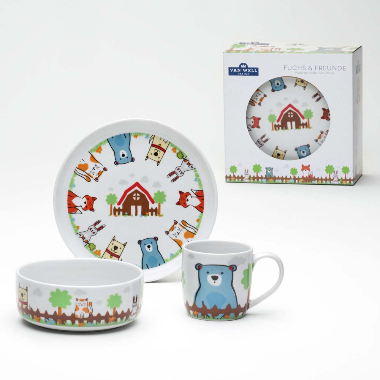Kinderservies 3-delig Fuchs&Freunde met bord, kom en beker, versierd met kleurrijke dierenmotieven zoals een vos, beer en konijn, in een geschenkverpakking. Perspectief: vooraanzicht.