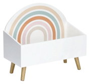 Weiße Kinder-Aufbewahrungstruhe mit buntem Regenbogenmotiv auf der Rückseite, aus seitlicher Perspektive fotografiert.