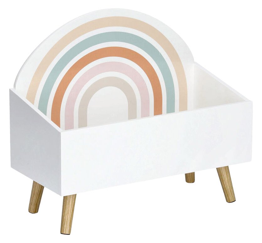 Weiße Kinder-Aufbewahrungstruhe mit buntem Regenbogenmotiv auf der Rückseite, aus seitlicher Perspektive fotografiert.