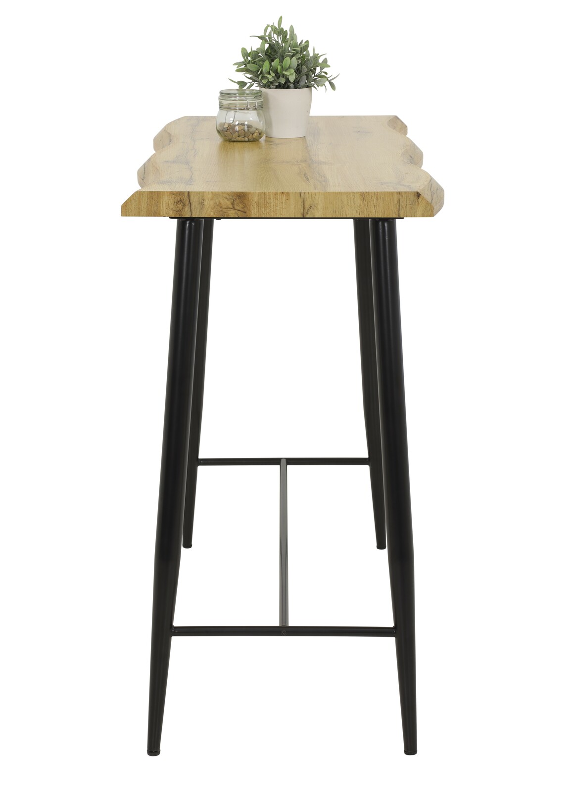 Bartisch mit Holzplatte und schwarzen Metallbeinen, seitliche Perspektive