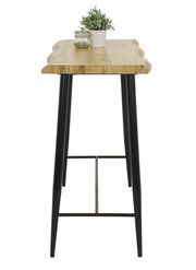 Bartisch mit Holzplatte und schwarzen Metallbeinen, seitliche Perspektive