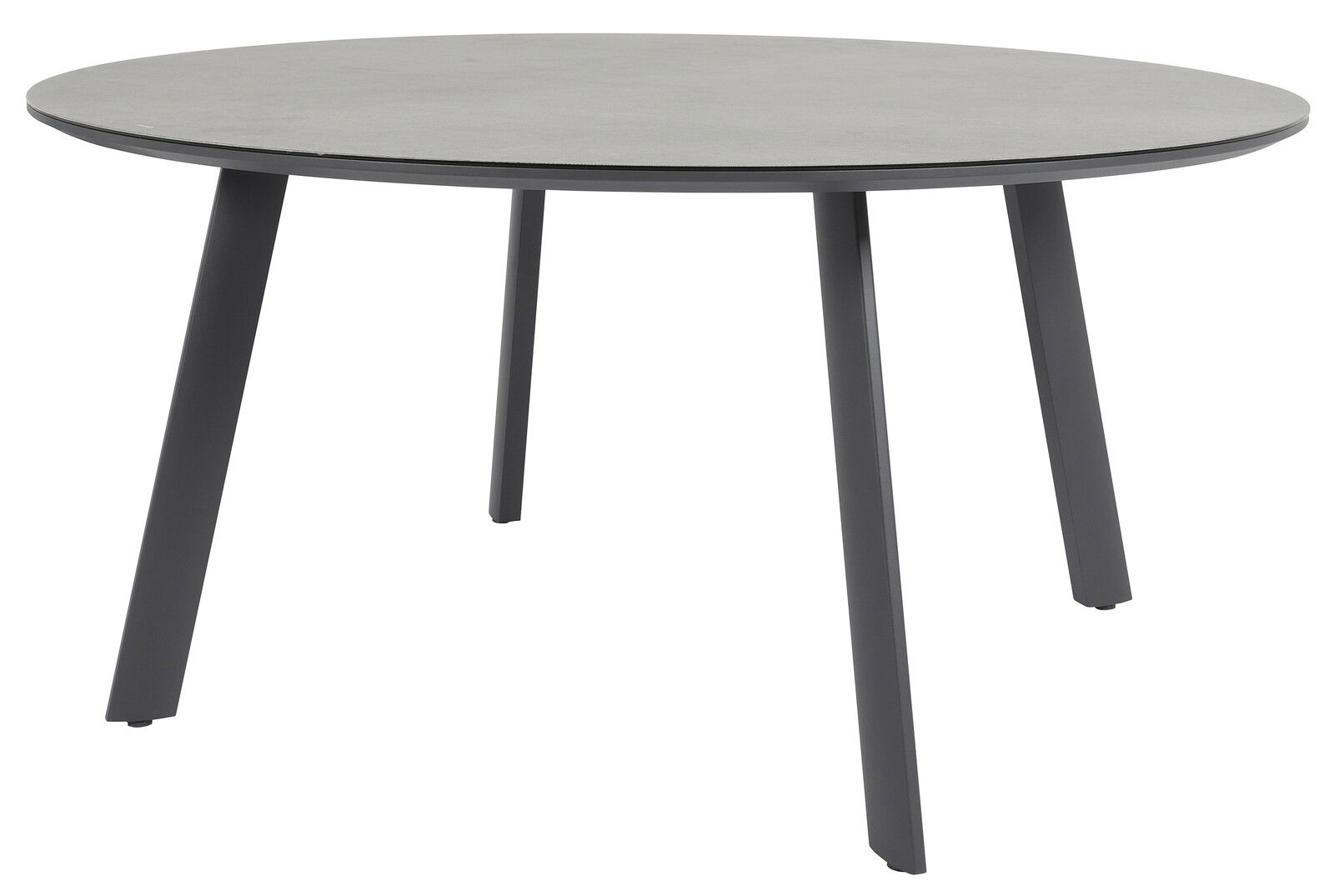 Runder Gartentisch mit grauer Tischplatte und schwarzen Beinen, seitliche Perspektive