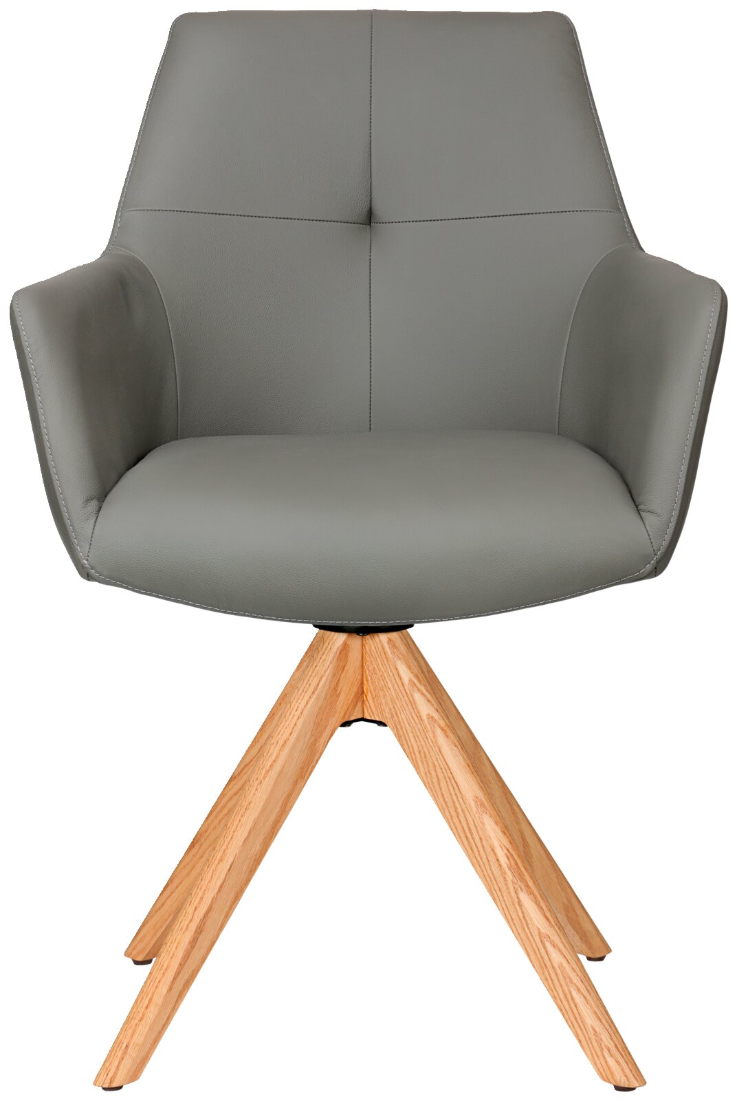 Moderne fauteuil met grijze bekleding en houten poten, vooraanzicht