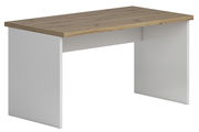 Moderner Wangenschreibtisch mit Holzplatte und weißen Seitenwangen, seitliche Perspektive