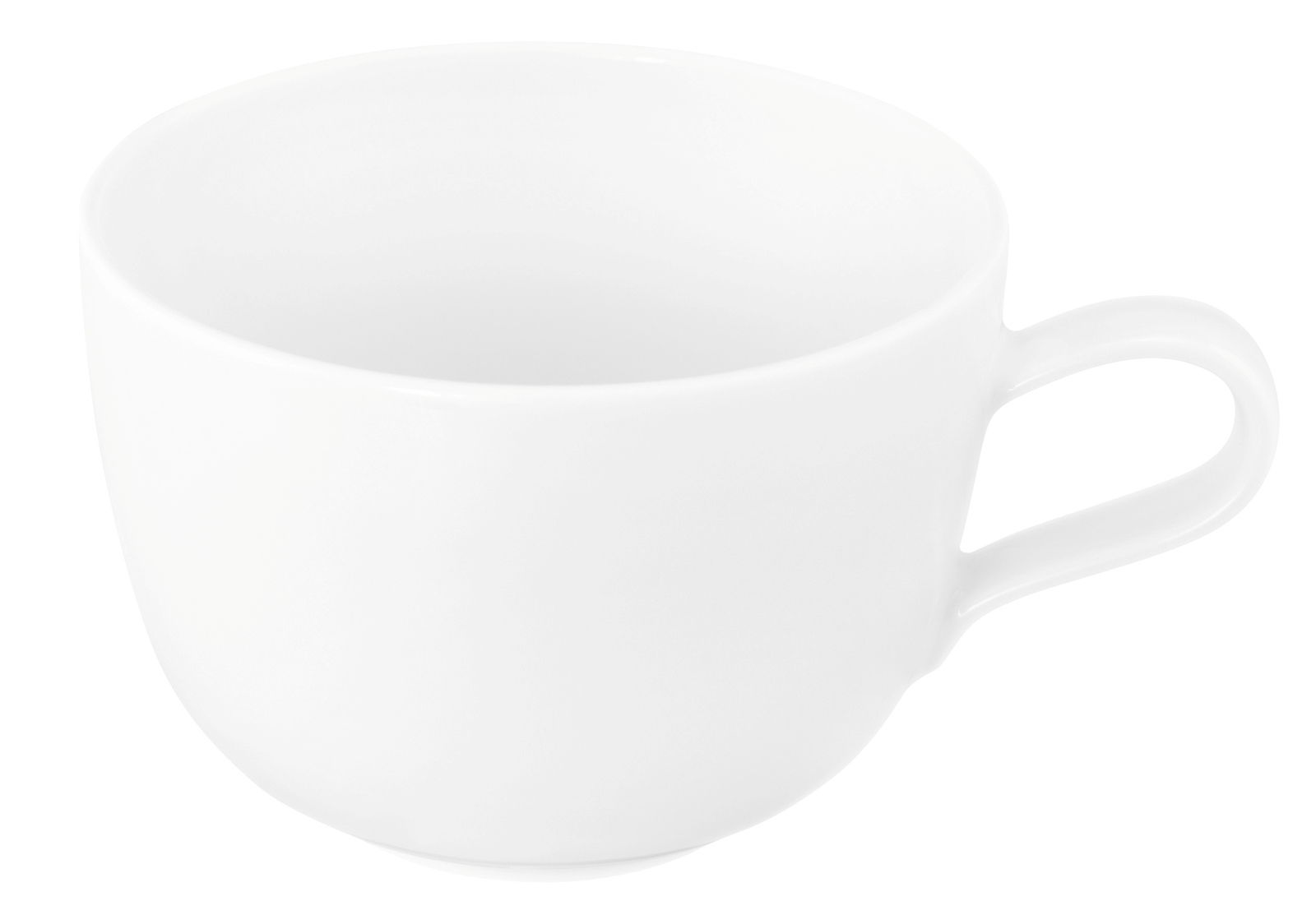 Weiße Milchkaffeetasse Liberty 0,38l mit Henkel, seitliche Perspektive