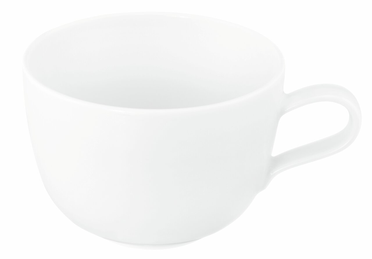 Weiße Milchkaffeetasse Liberty 0,38l mit Henkel, seitliche Perspektive